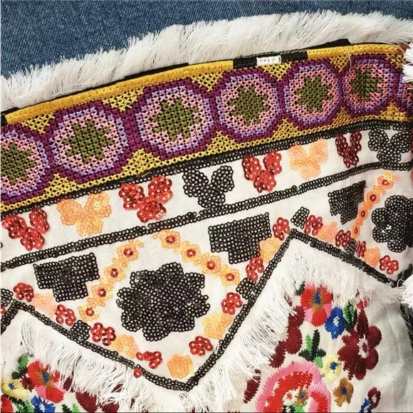 Denim bohemian stitched Aztec tribal floral embroidered denim jacket coat - Picture 6 of 16
